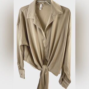 Women's GLAM tan shirt, size large, with long or 3/4 sleeves and a tie front